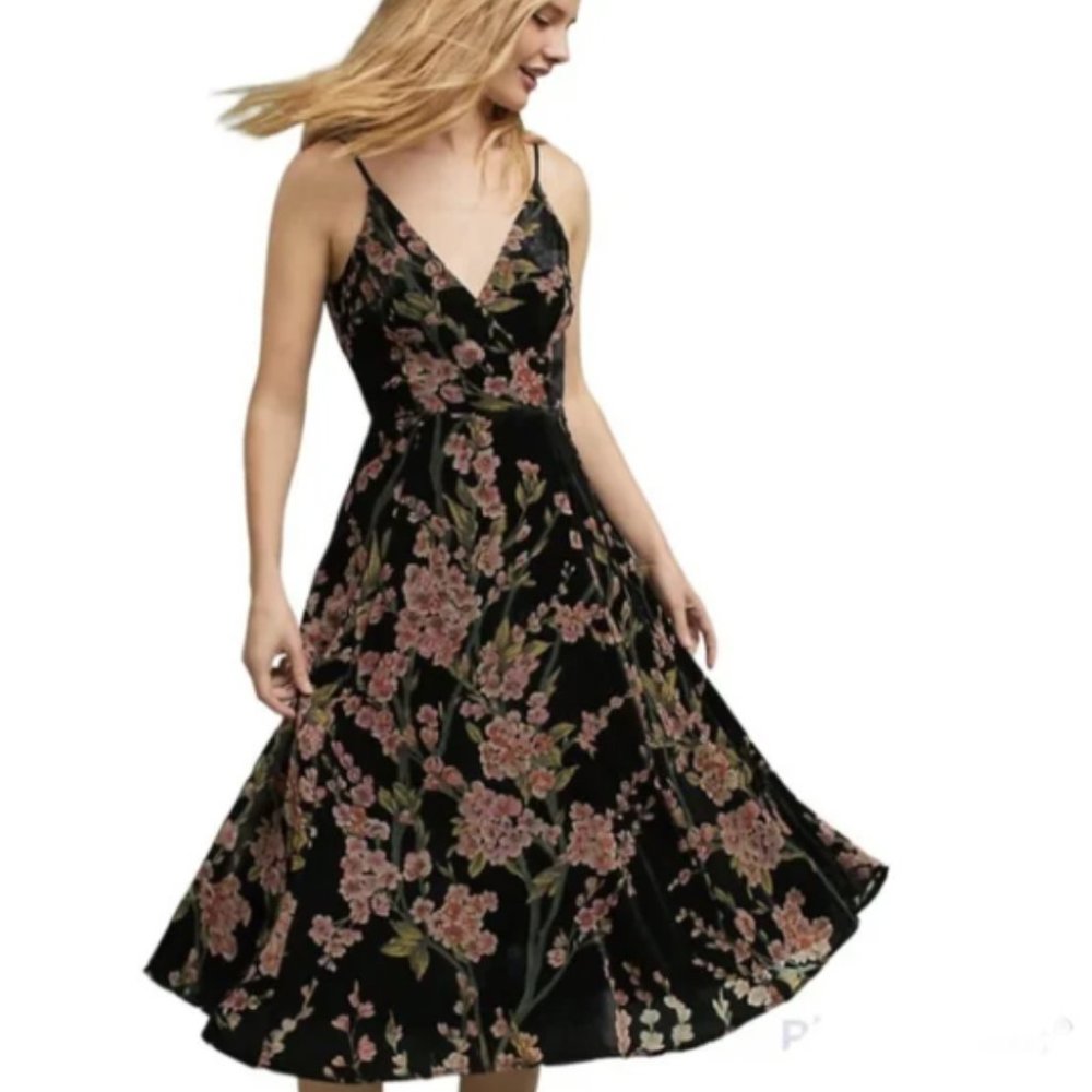 Erin + Ali Anthropologie Black Floral Velvet Burnout Midi Dress Size 10 Goth 90s